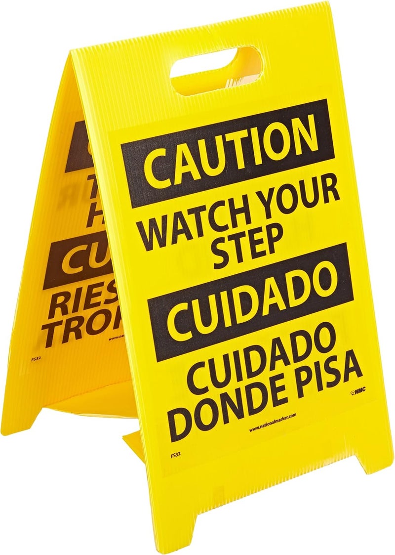 NMC FS32 Bilingual Double Sided Floor Sign, Legend "CAUTION - TRIPPING HAZARD WATCH YOUR STEP", 12" Length x 20" Height, Coroplast, Black on Yellow - Image 1